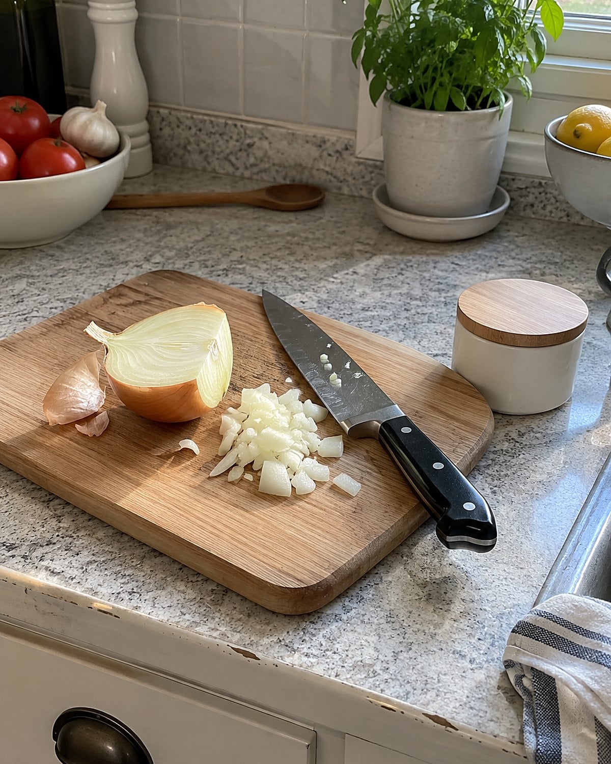 Half an onion rests cut-side up near a knife and a small covered container.