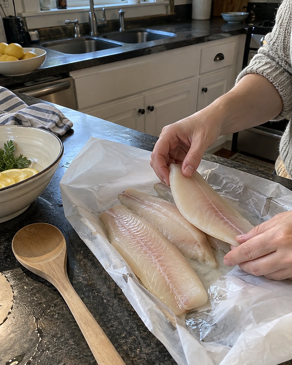 Hands separate fish fillets from a wrapped tray on a kitchen counter.