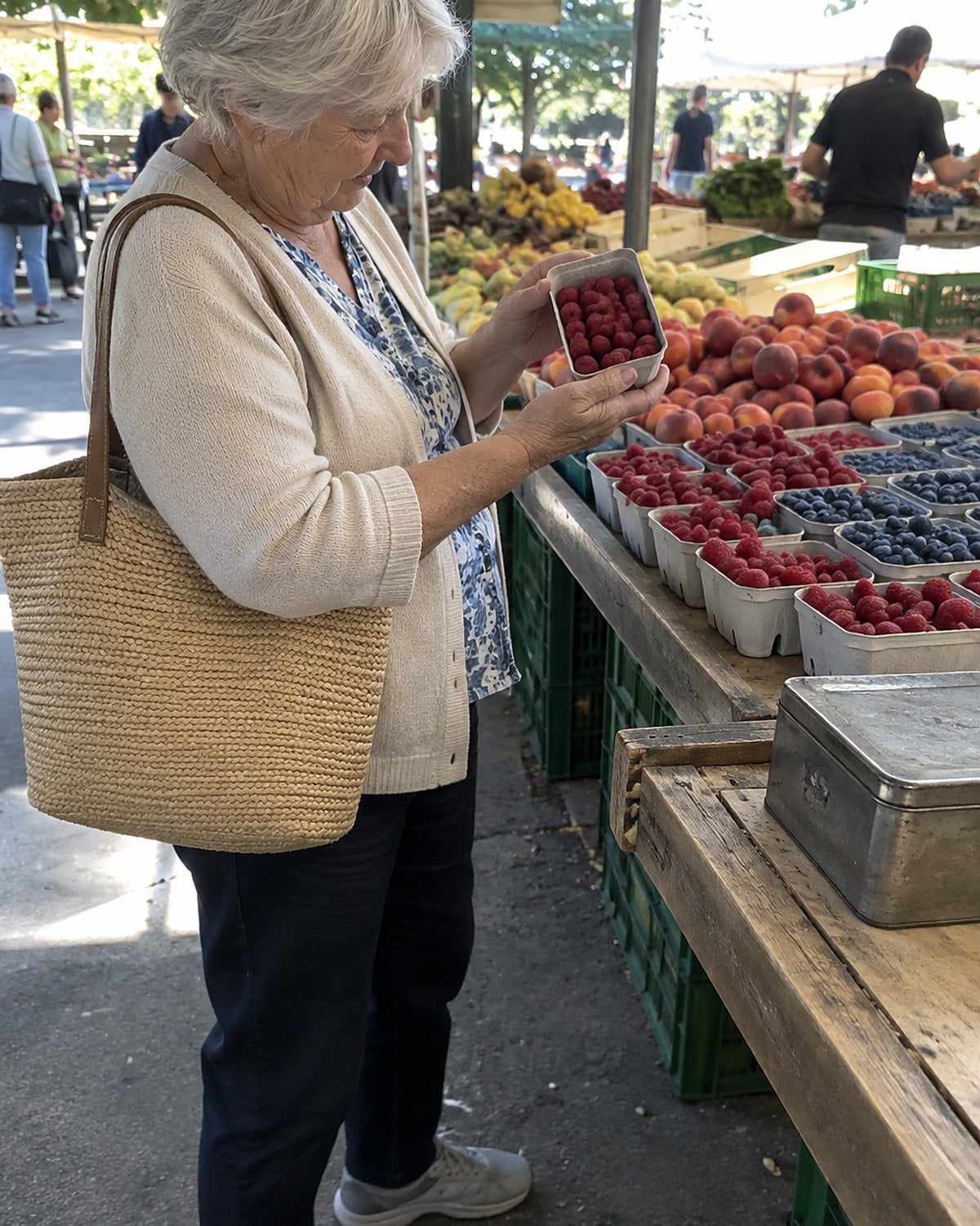 A shopper holds a small carton of berries above a market stall display.