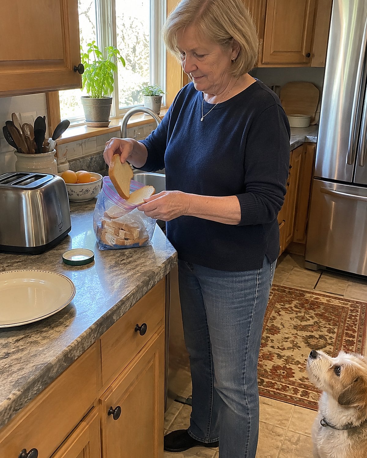 A hand takes two slices of bread from an open freezer bag beside the toaster.