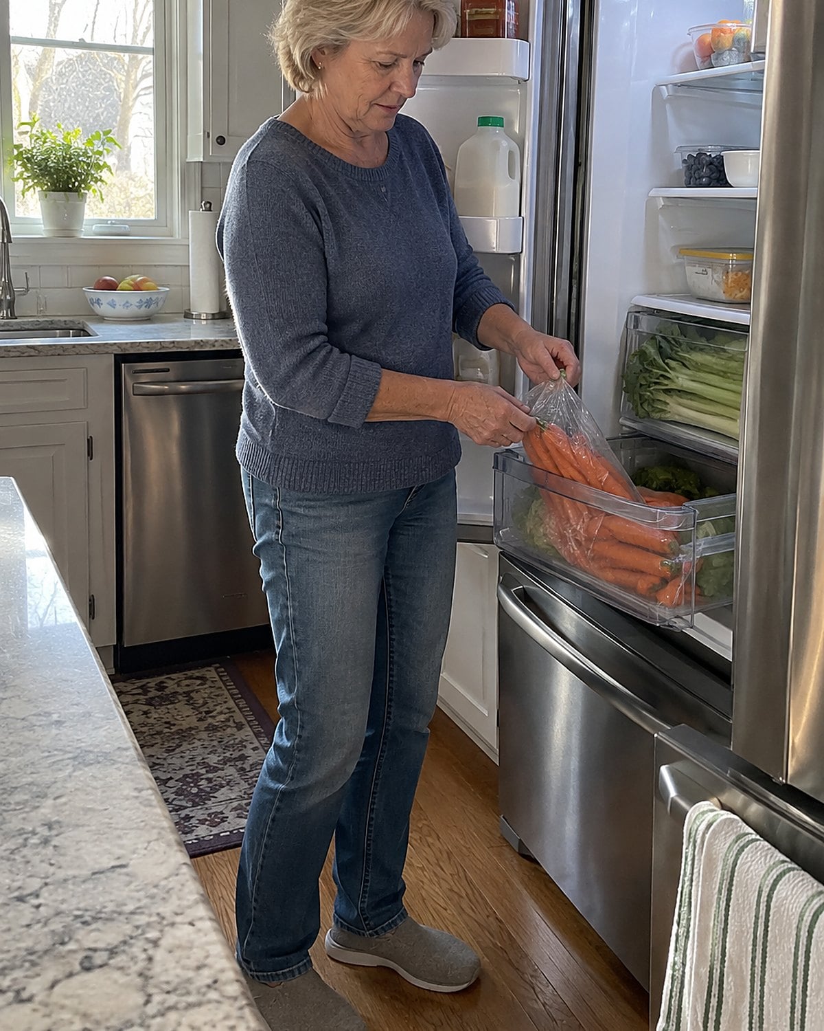 A hand pulls an older bag of carrots from a crisper drawer beneath the celery.