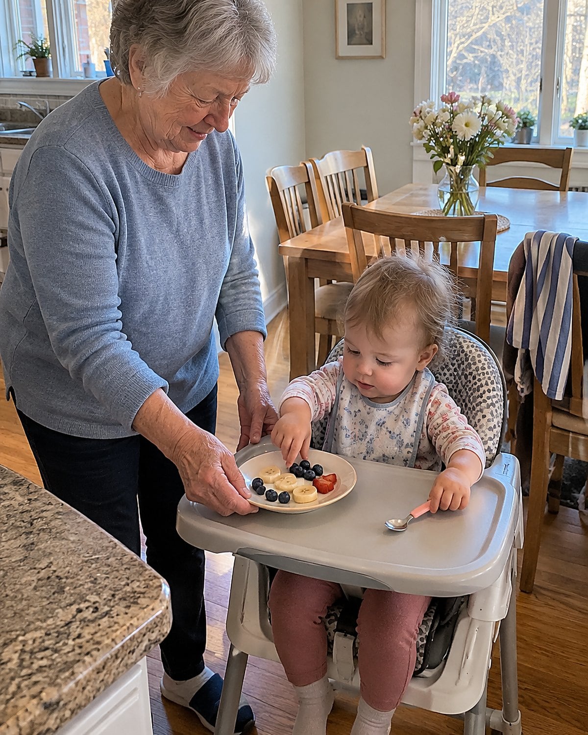 A grandchild sits in a high chair while an adult's hands set a small plate on the tray.