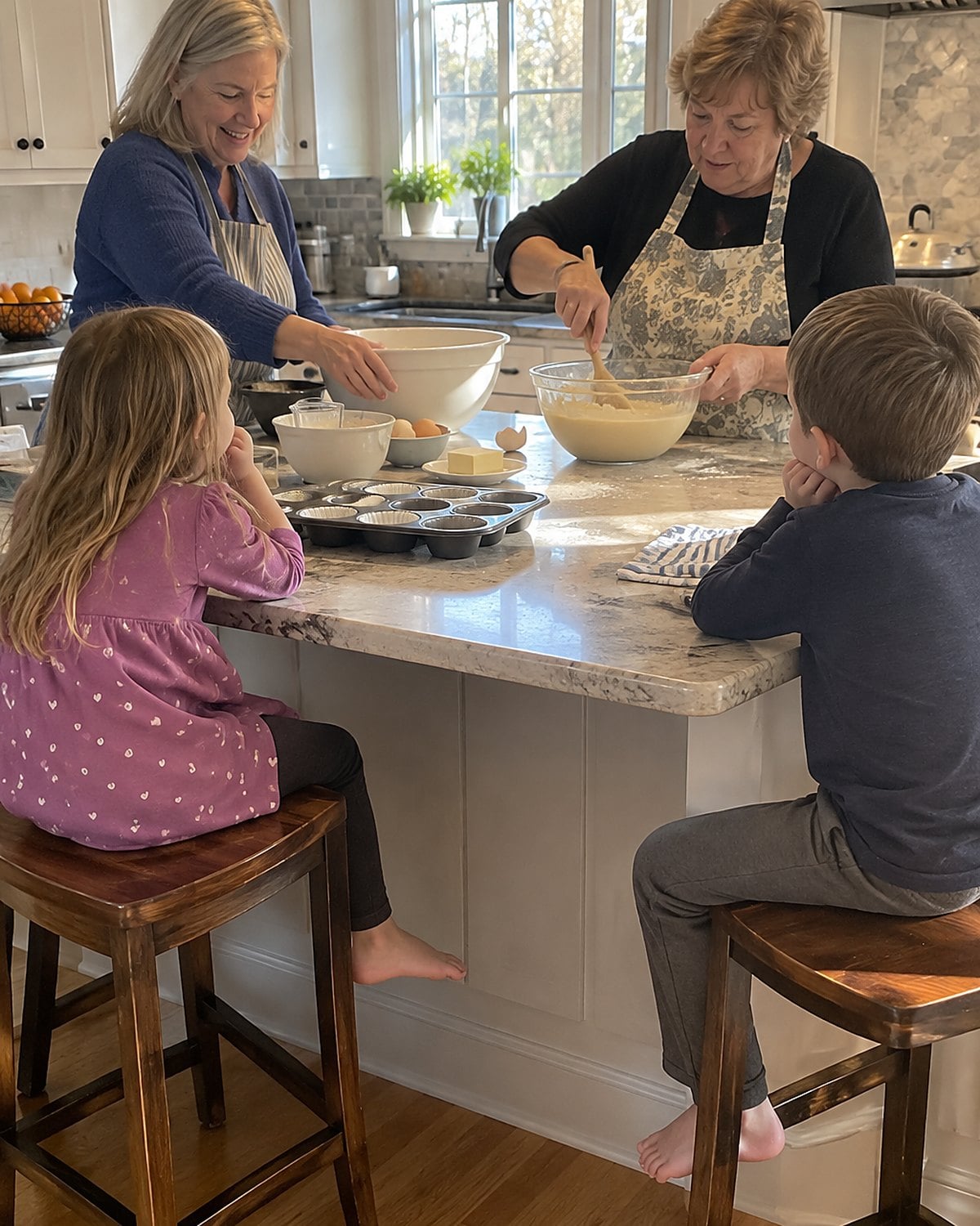 Two women friends work at a kitchen island mid-afternoon while grandchildren sit on stools nearby, one friend reaching for a mixing bowl as the other stirs, nobody posing.