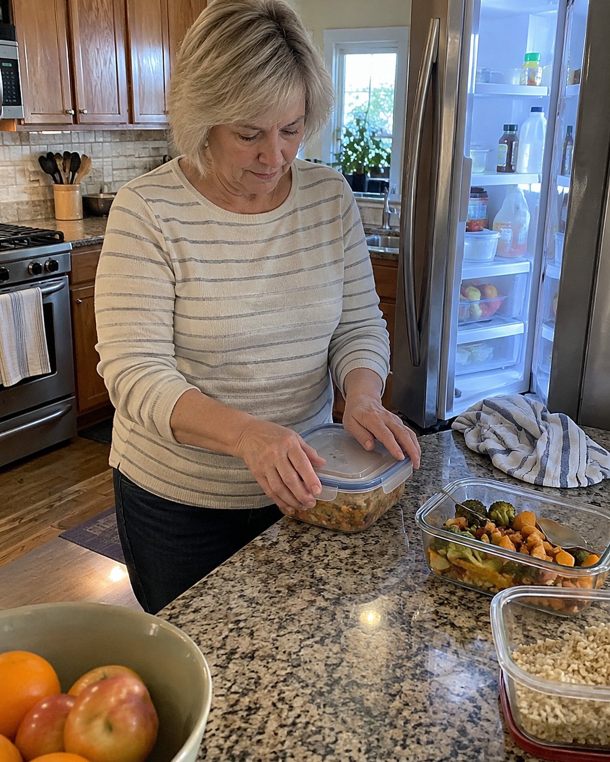 Shallow containers of leftovers beside an open refrigerator, with hands placing a lid on one container.