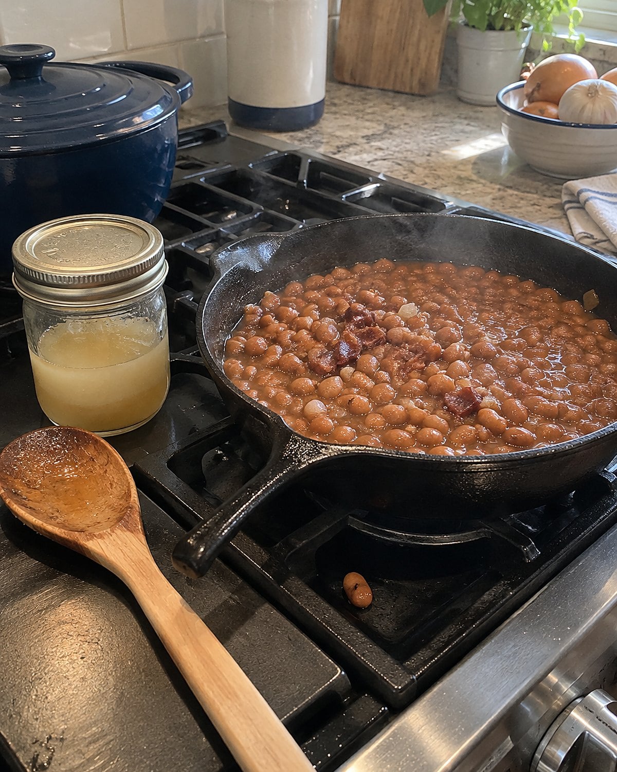 A small covered jar of strained bacon grease beside a skillet of beans.