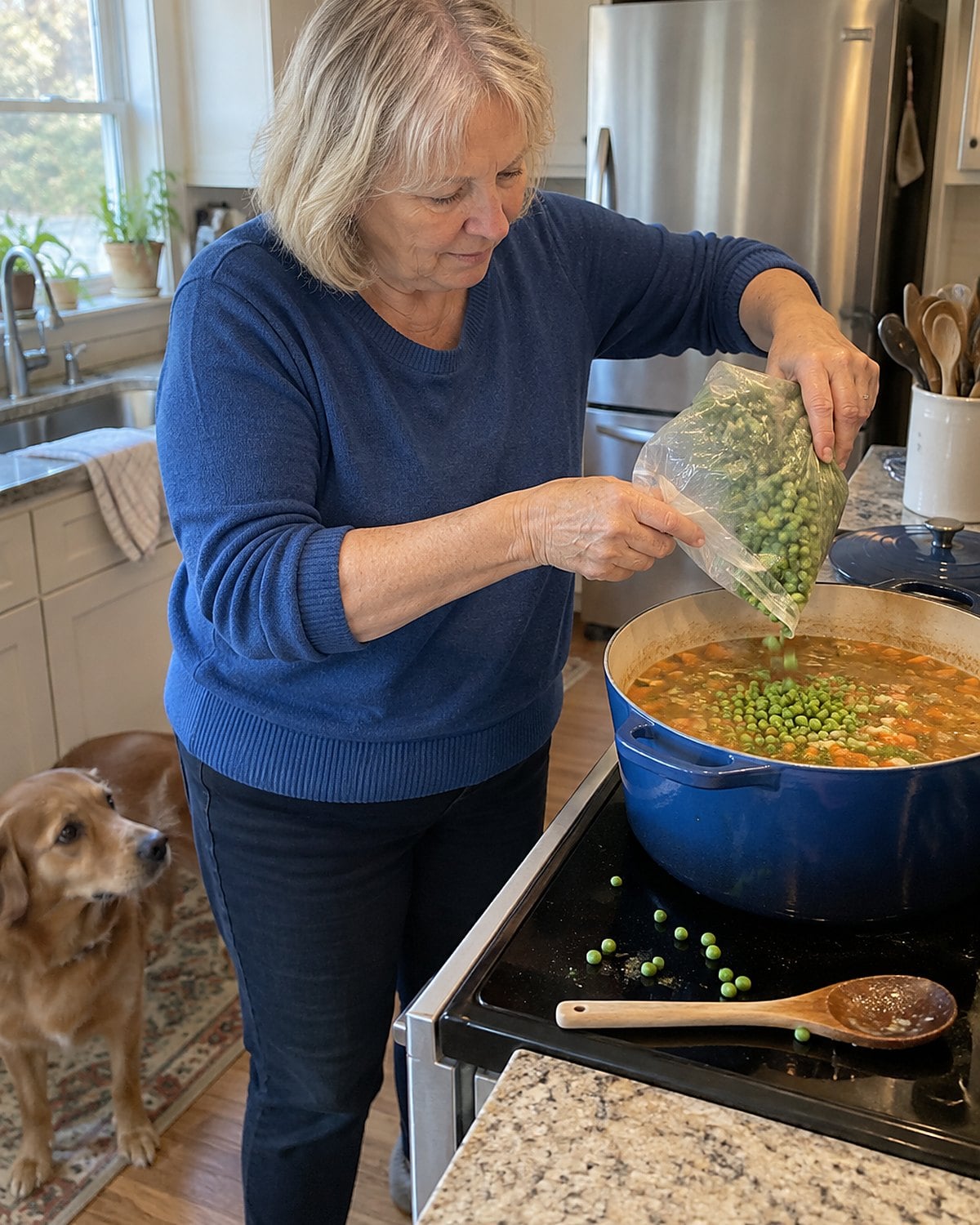 Frozen peas being tipped from a bag into a nearly finished pot of soup.