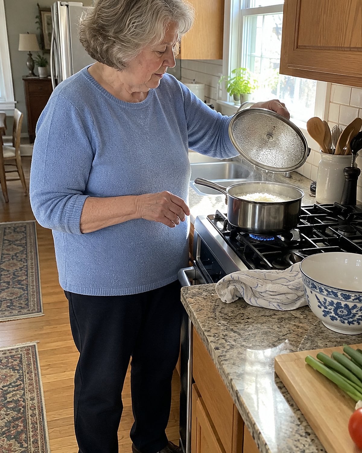 A hand lifting the lid from a steaming saucepan of rice on the stove.