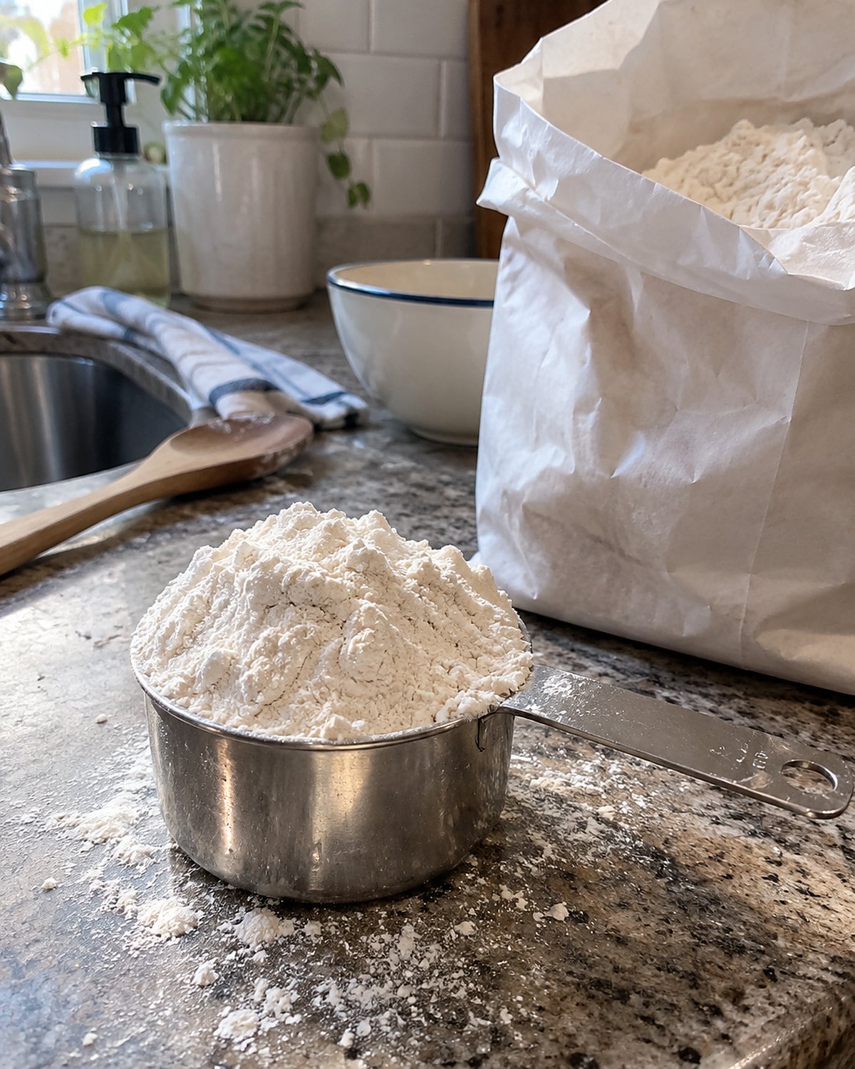 A dry measuring cup mounded with flour beside an open bag on the counter.