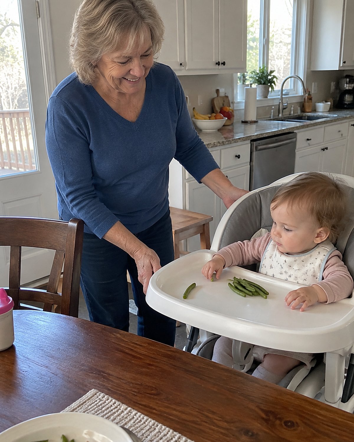 A small serving of green beans on the tray of a grandchildโs high chair, with a childโs hand near the plate.