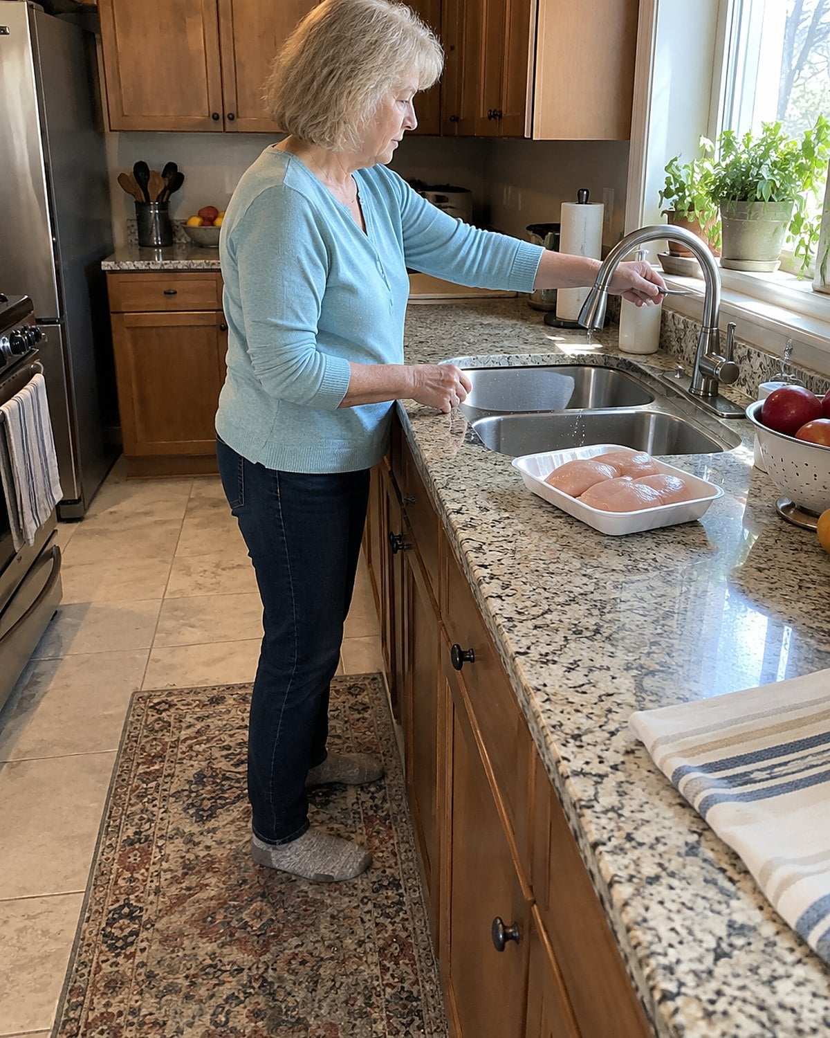 A raw chicken package beside the sink while a hand turns off the faucet.