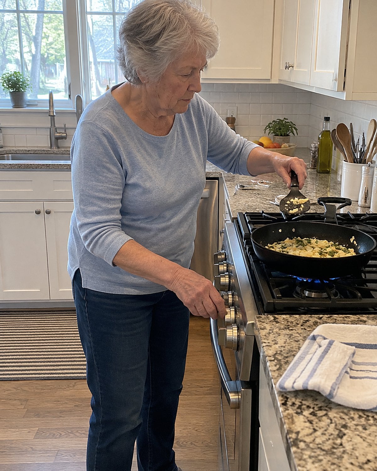 One hand reaching for a stove dial while another holds a spatula over a skillet.