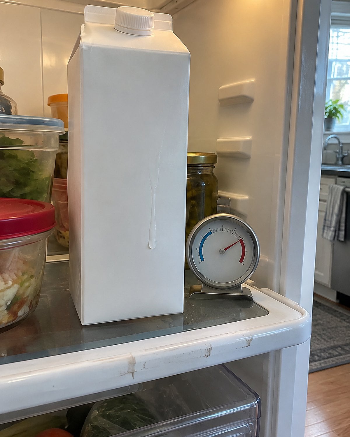 A carton of milk on an interior fridge shelf beside a small appliance thermometer.