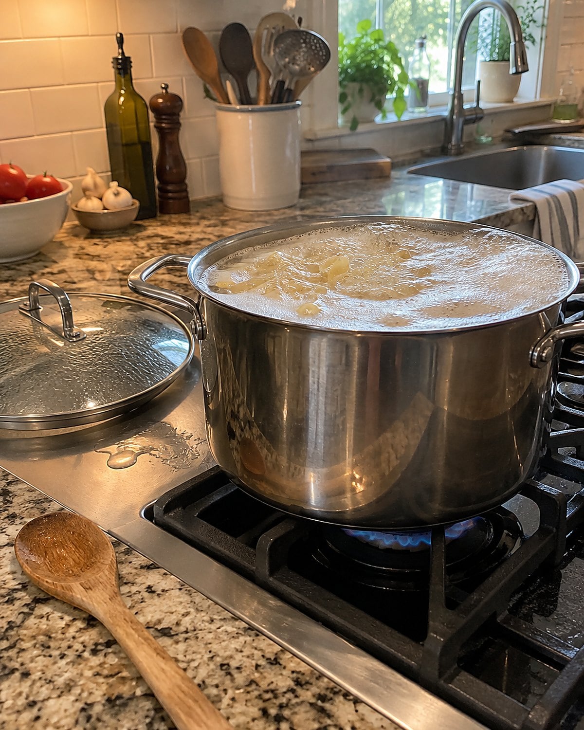 A pasta pot foaming near the rim, with its lid resting beside the stove.