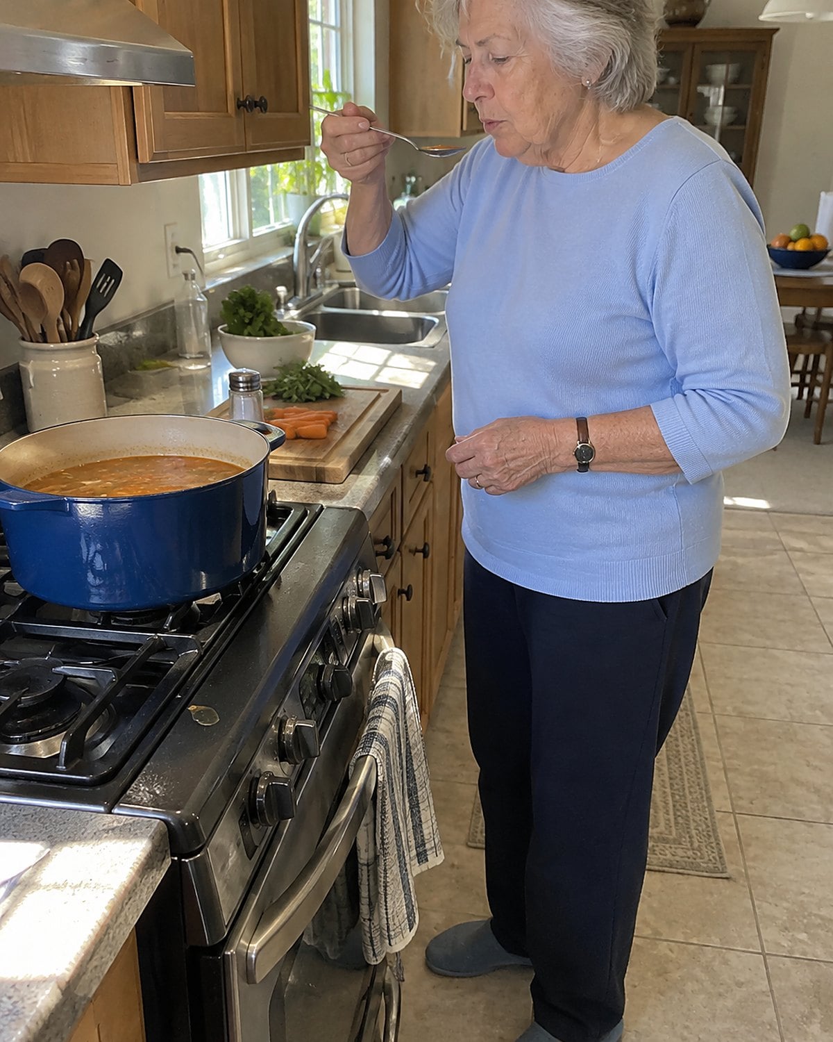 A hand holding a tasting spoon over a soup pot while a salt shaker sits farther back on the counter.