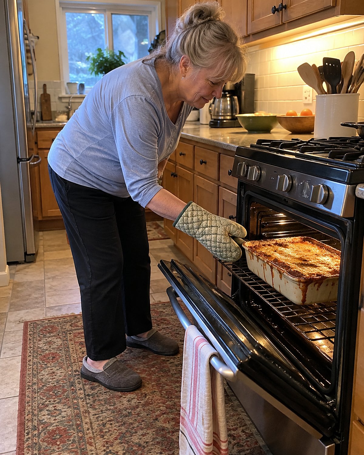 A hand opening an oven door to check a bubbling casserole in a worn baking dish.