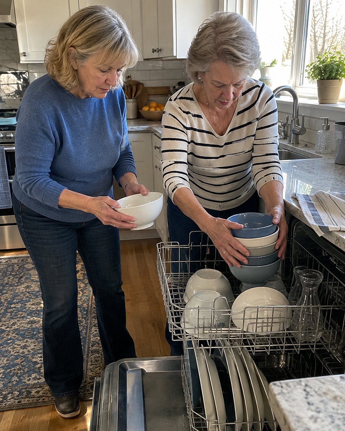 Two pairs of hands rearranging bowls on the open rack of a dishwasher.