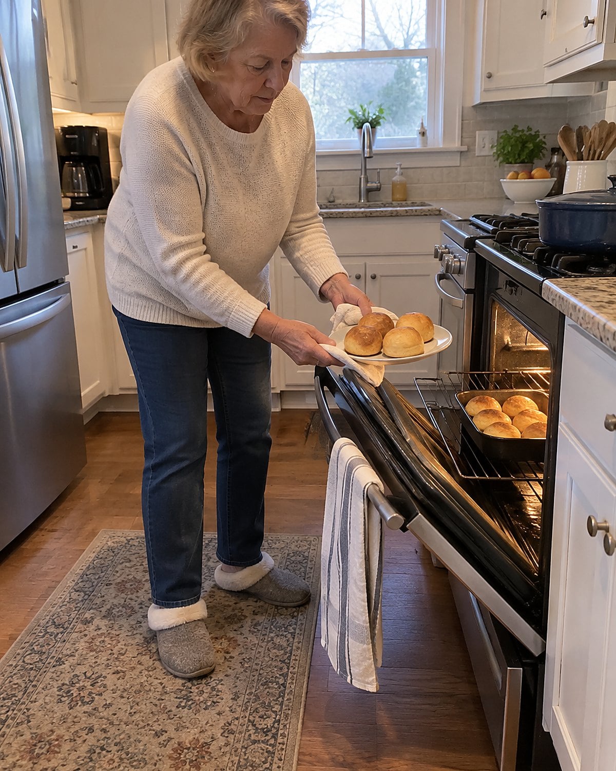 A hand lifting a warm plate from a low oven beside a pan of rolls.