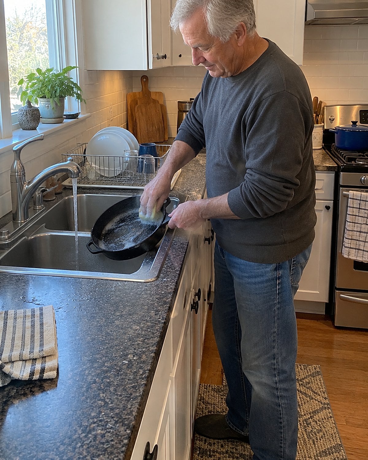 A hand washing a used cast-iron pan with a brush and soap at the sink.