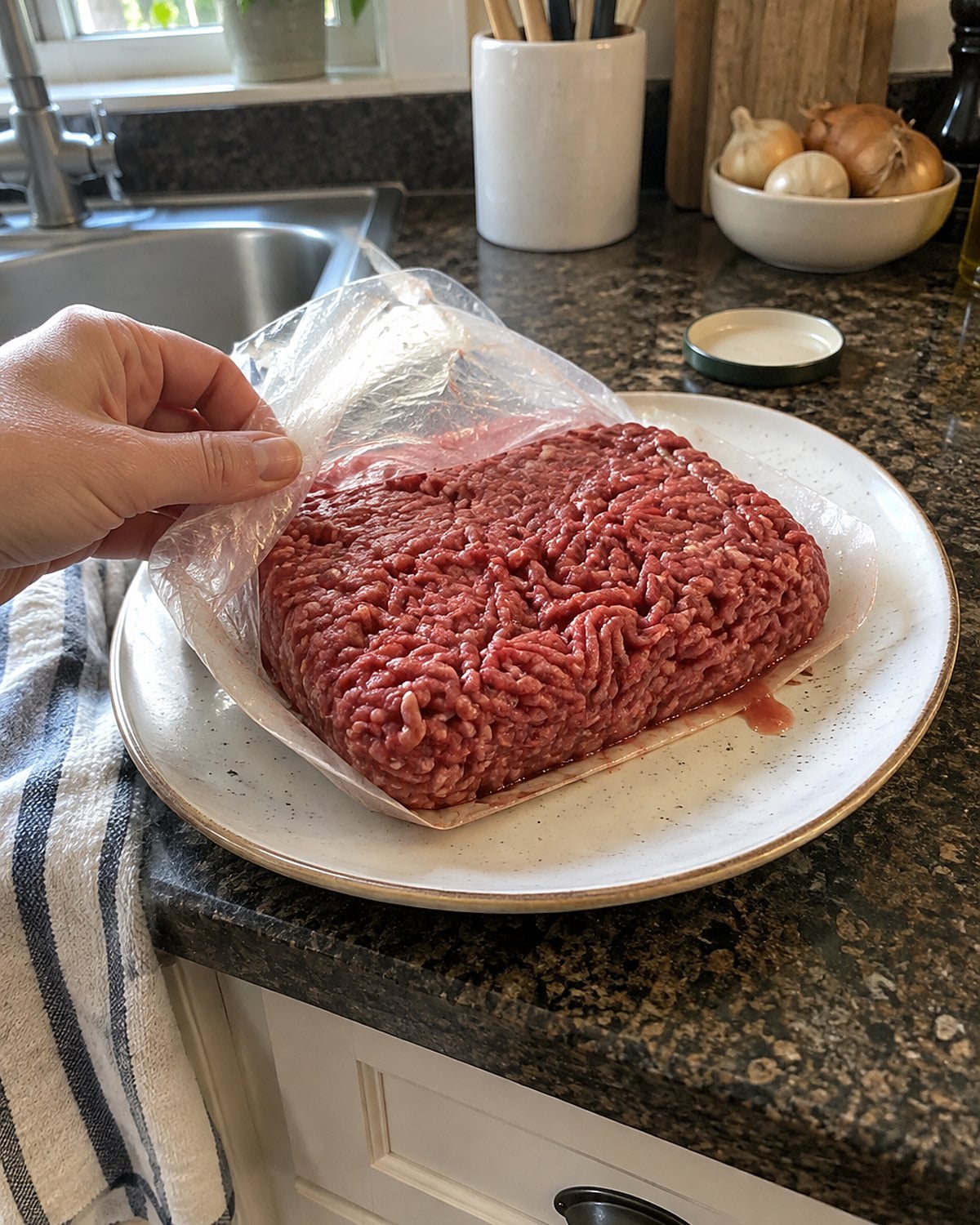 A dish towel hanging beside a counter where raw ground beef sits in its opened package.