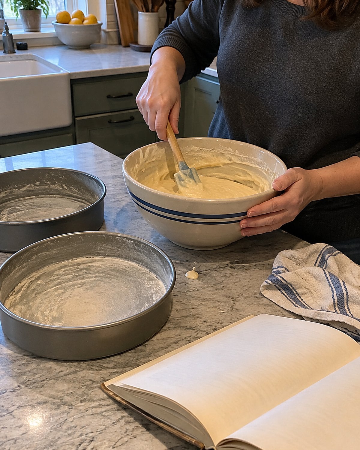 An open, worn church cookbook beside cake batter and two baking pans of different depths.