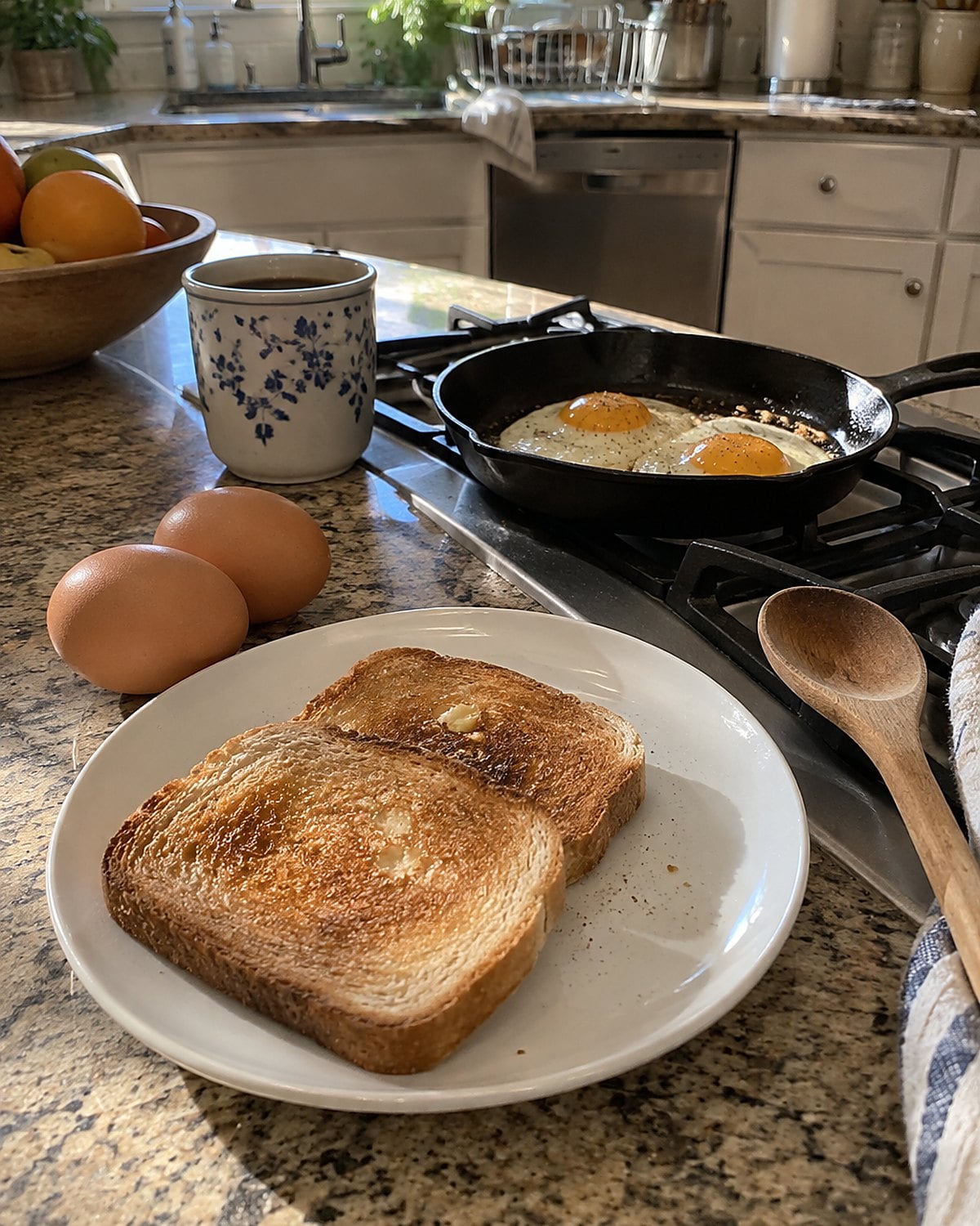 Two eggs on the counter beside a small skillet and a plate of toast.