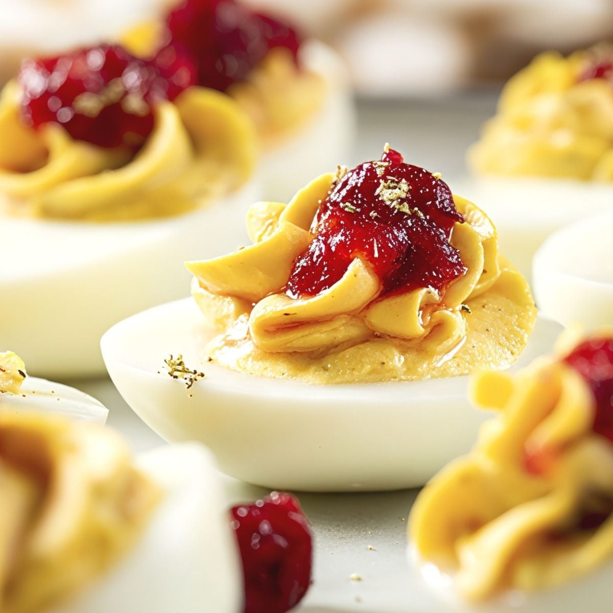 Creamy deviled eggs piped with a smooth filling and topped with a spoonful of bright cranberry sauce, ideal for Thanksgiving side dishes for a crowd.