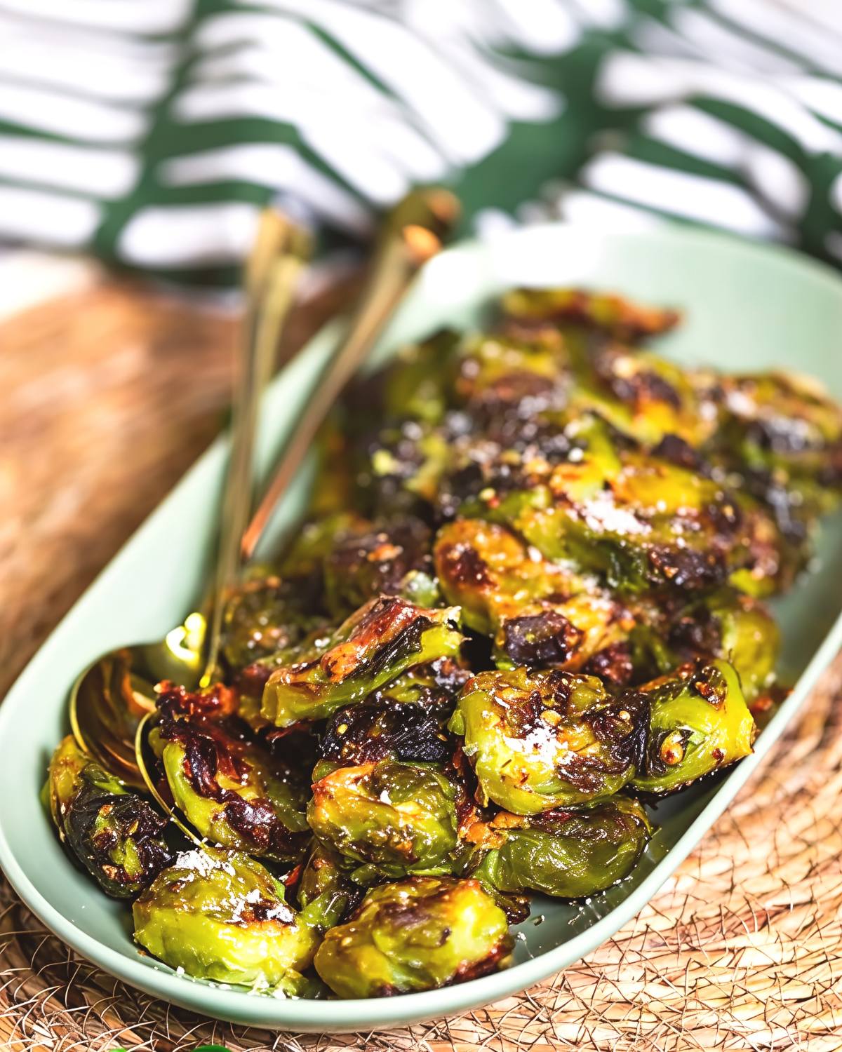 Crispy smashed Brussels sprouts sprinkled with grated parmesan cheese are served on an oval platter with gold spoons, making a delicious choice for keto thanksgiving sides.