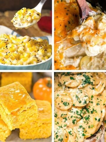 A silver serving bowl filled with cheesy slow-cooked squash casserole topped with a crispy cracker crust, featured as one of the best crockpot thanksgiving sides.