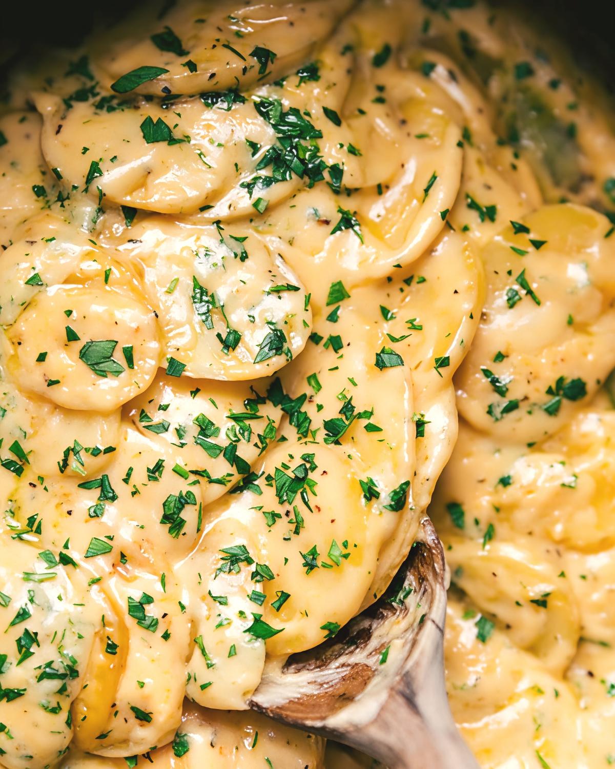 A wooden spoon scooping tender, creamy au gratin potatoes garnished with fresh chopped herbs inside a slow cooker, featured as one of the best crockpot thanksgiving sides.