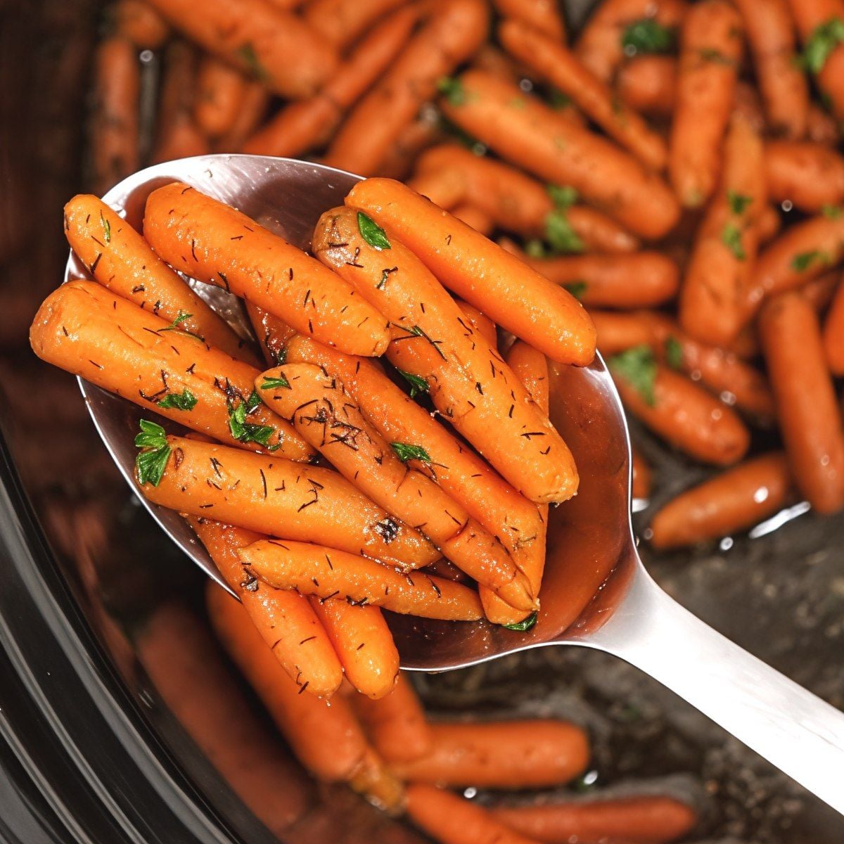 A serving spoon scooping sweet slow-cooked brown sugar carrots garnished with fresh herbs from a slow cooker, featured among crockpot thanksgiving sides.