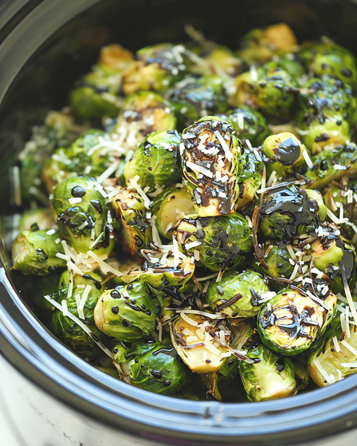 A white platter filled with slow-cooked tender Brussels sprouts topped with crispy chopped bacon, featured among flavorful crockpot thanksgiving sides.