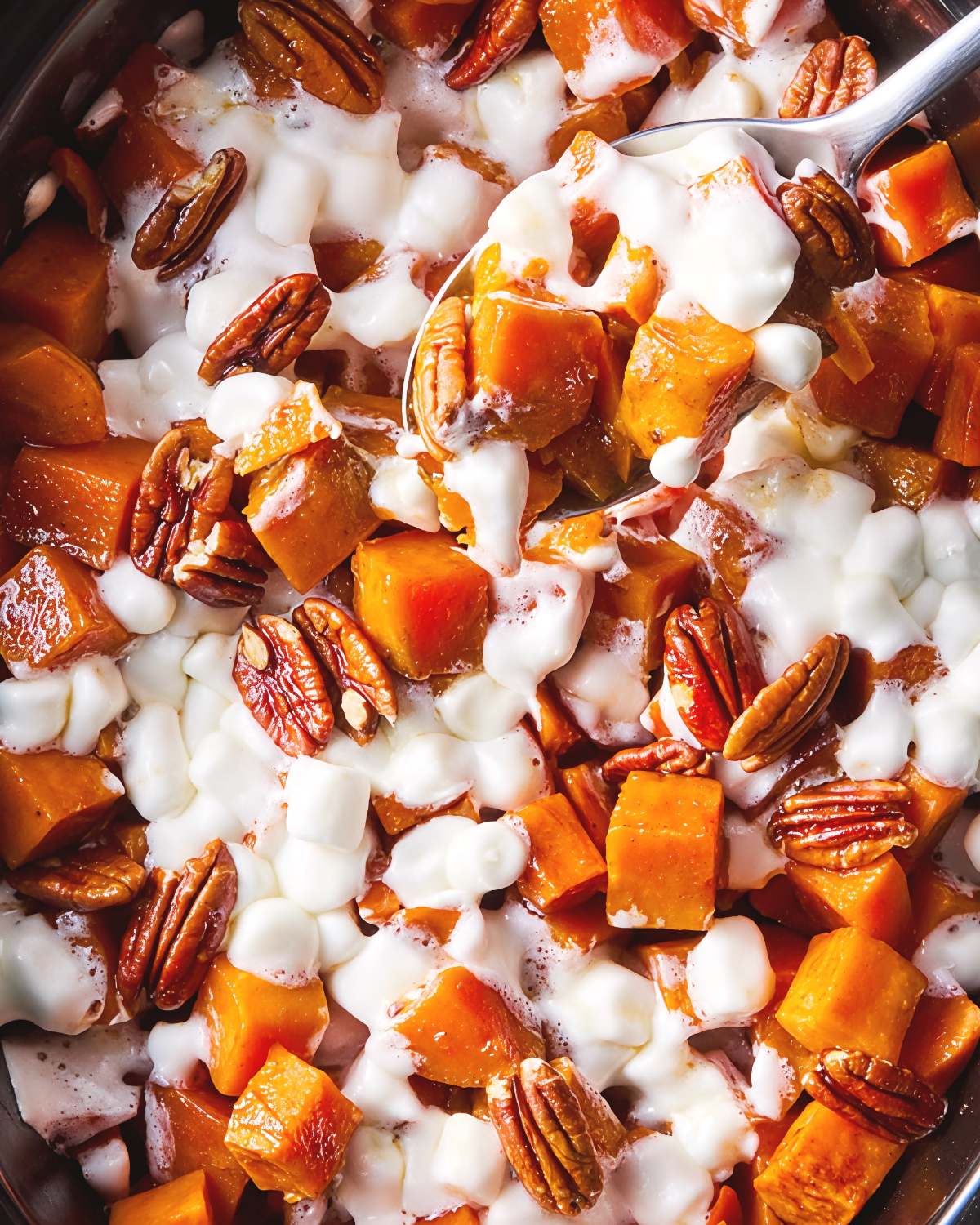 A spoon scooping sweet potato casserole topped with melted marshmallows and pecans from a slow cooker, featured among crockpot thanksgiving sides.