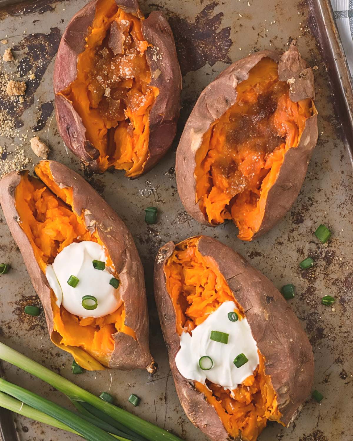 Tender slow cooker baked sweet potatoes split open and topped with butter, sour cream, and sliced green onions, perfect for crockpot thanksgiving sides.