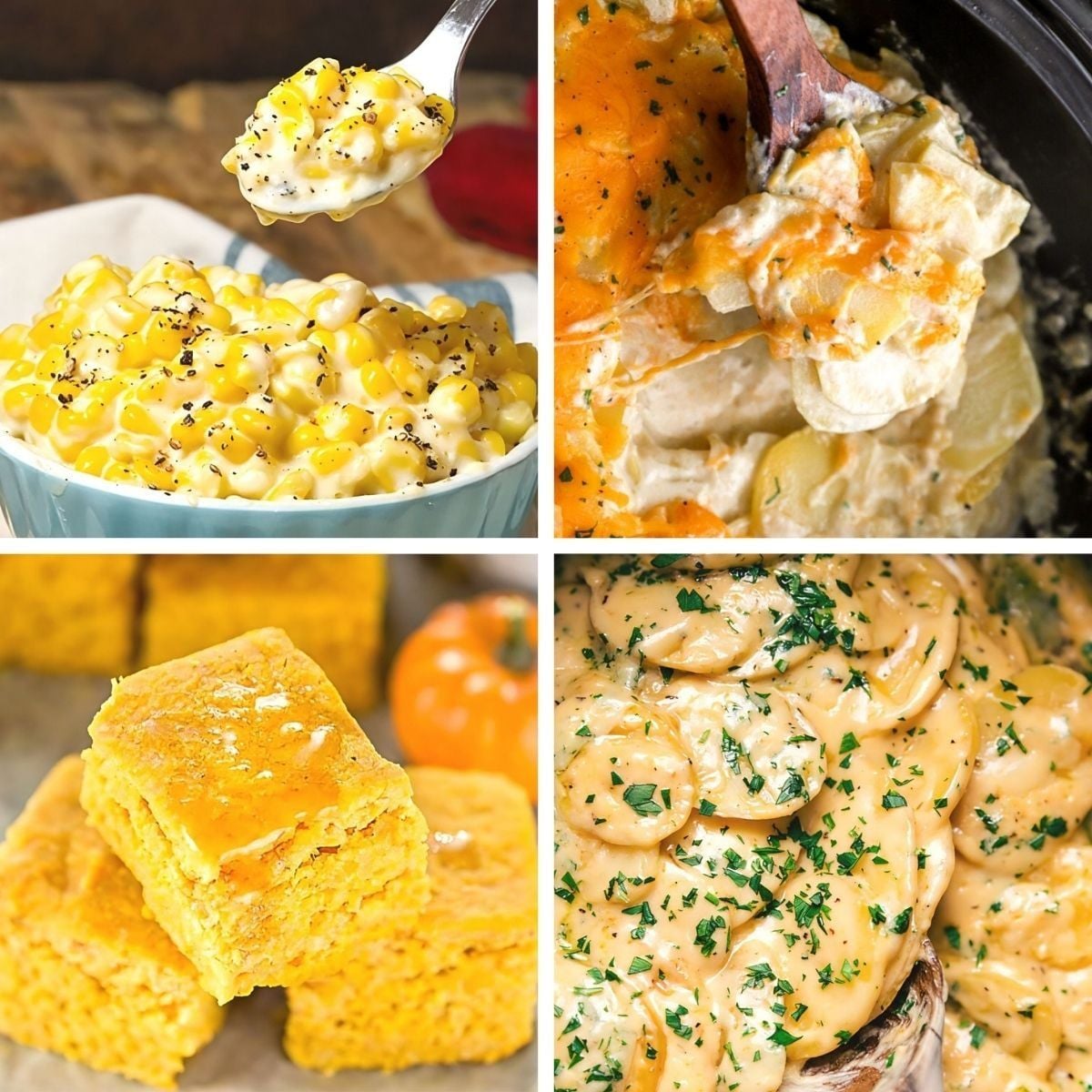 A silver serving bowl filled with cheesy slow-cooked squash casserole topped with a crispy cracker crust, featured as one of the best crockpot thanksgiving sides.