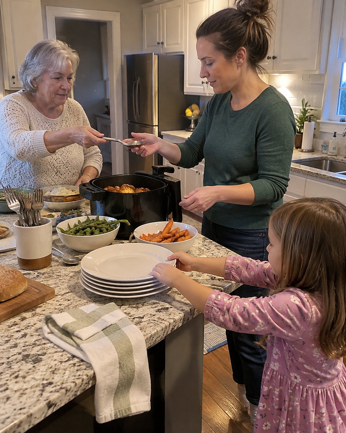Three generations move around a kitchen counter beside an air fryer just before dinner, with an older woman handing a serving spoon to her daughter-in-law as a child reaches for a plate.