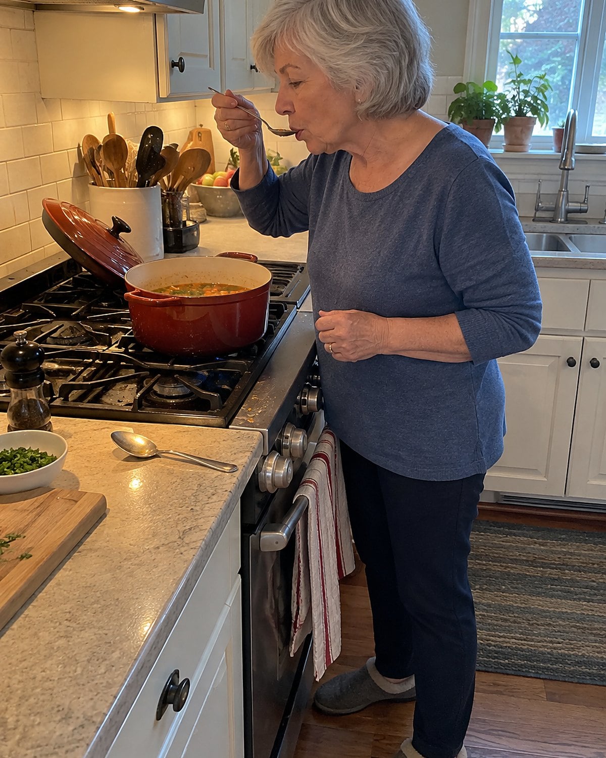 An older woman tastes a spoonful of soup at the stove while a clean spoon rests on the counter.