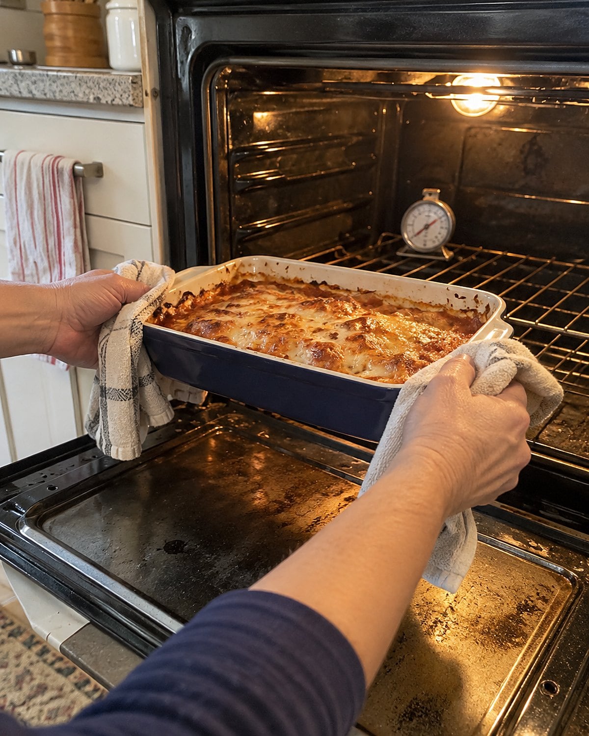 An oven thermometer sits on the center rack of an old range, visible through the open door.