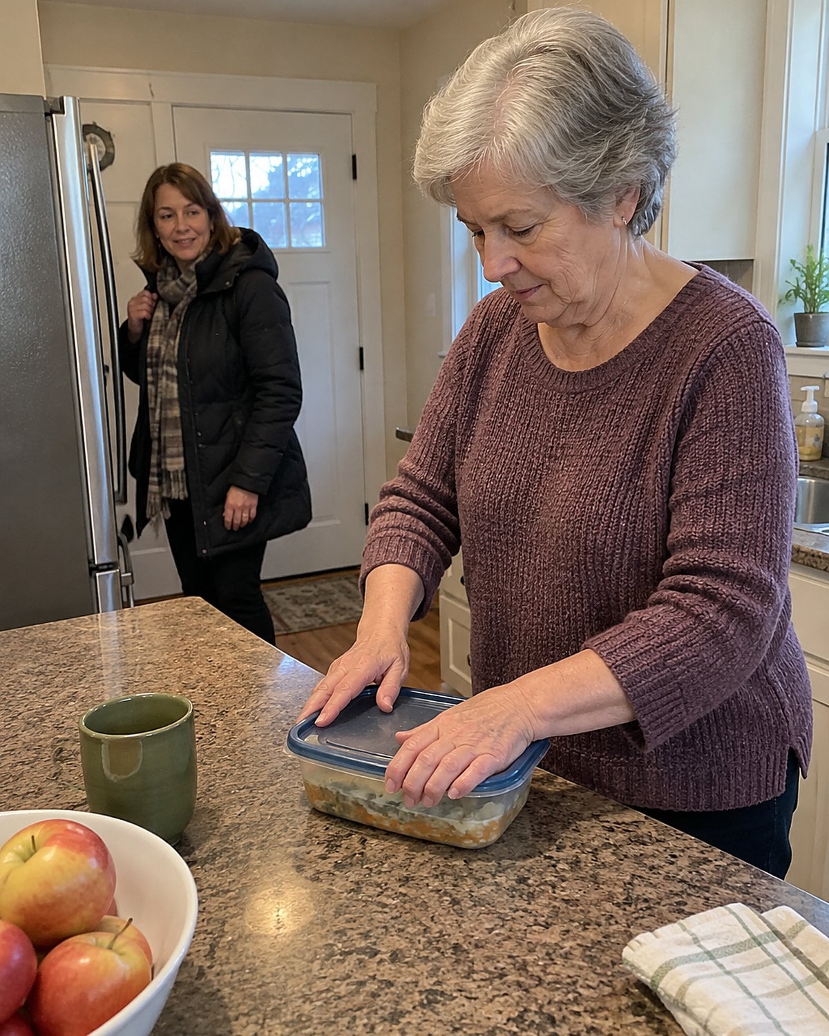 An older woman closes a shallow leftover container near the fridge while a guest waits by the door with her coat.