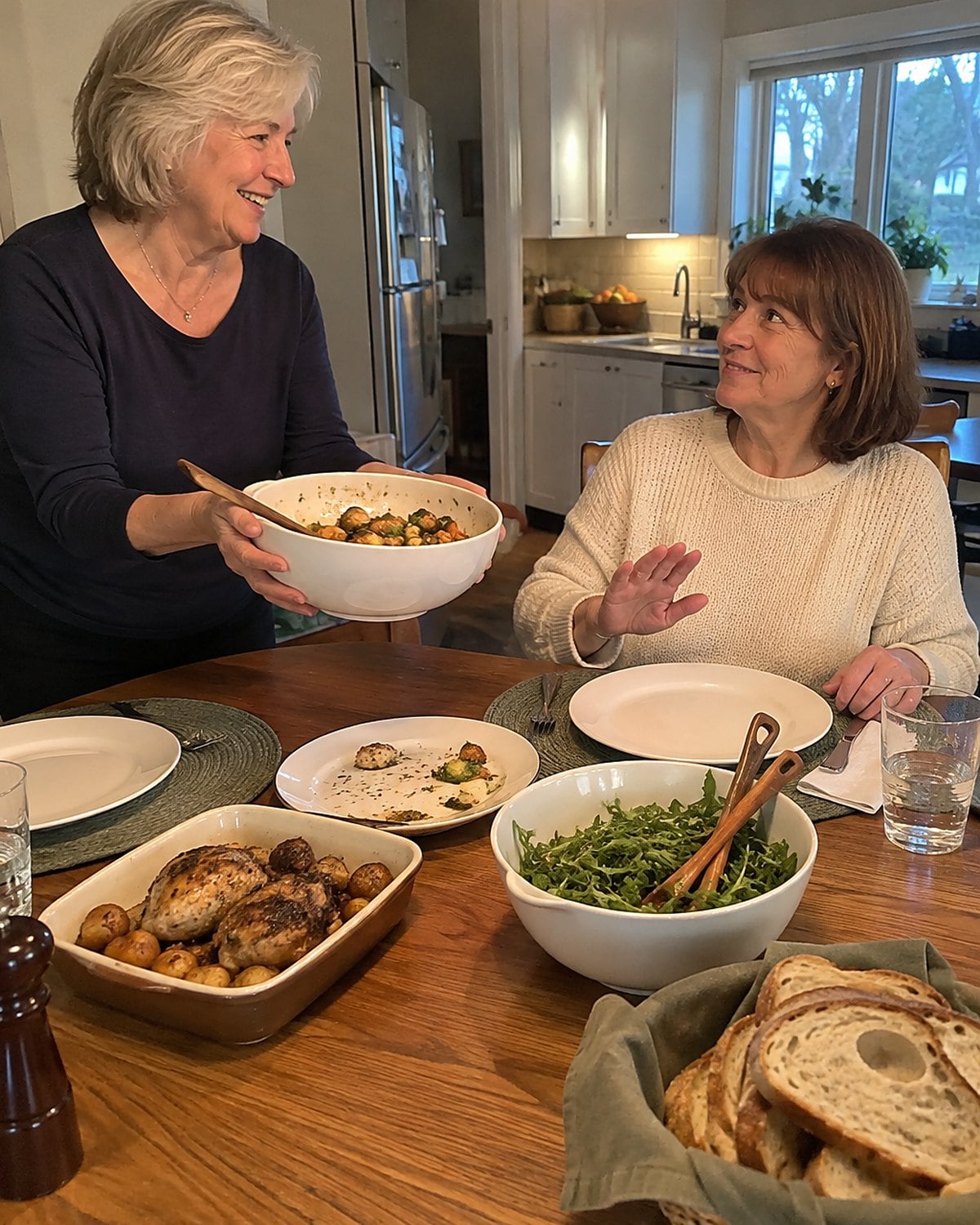 An older woman holds a serving bowl across a dinner table as her guest covers an empty plate with her hand.