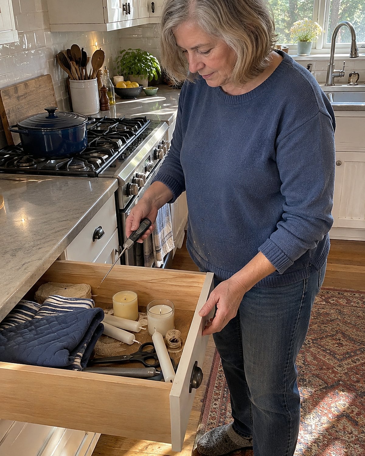 A hand pulls an instant-read thermometer from a drawer beneath oven mitts and spare candles.