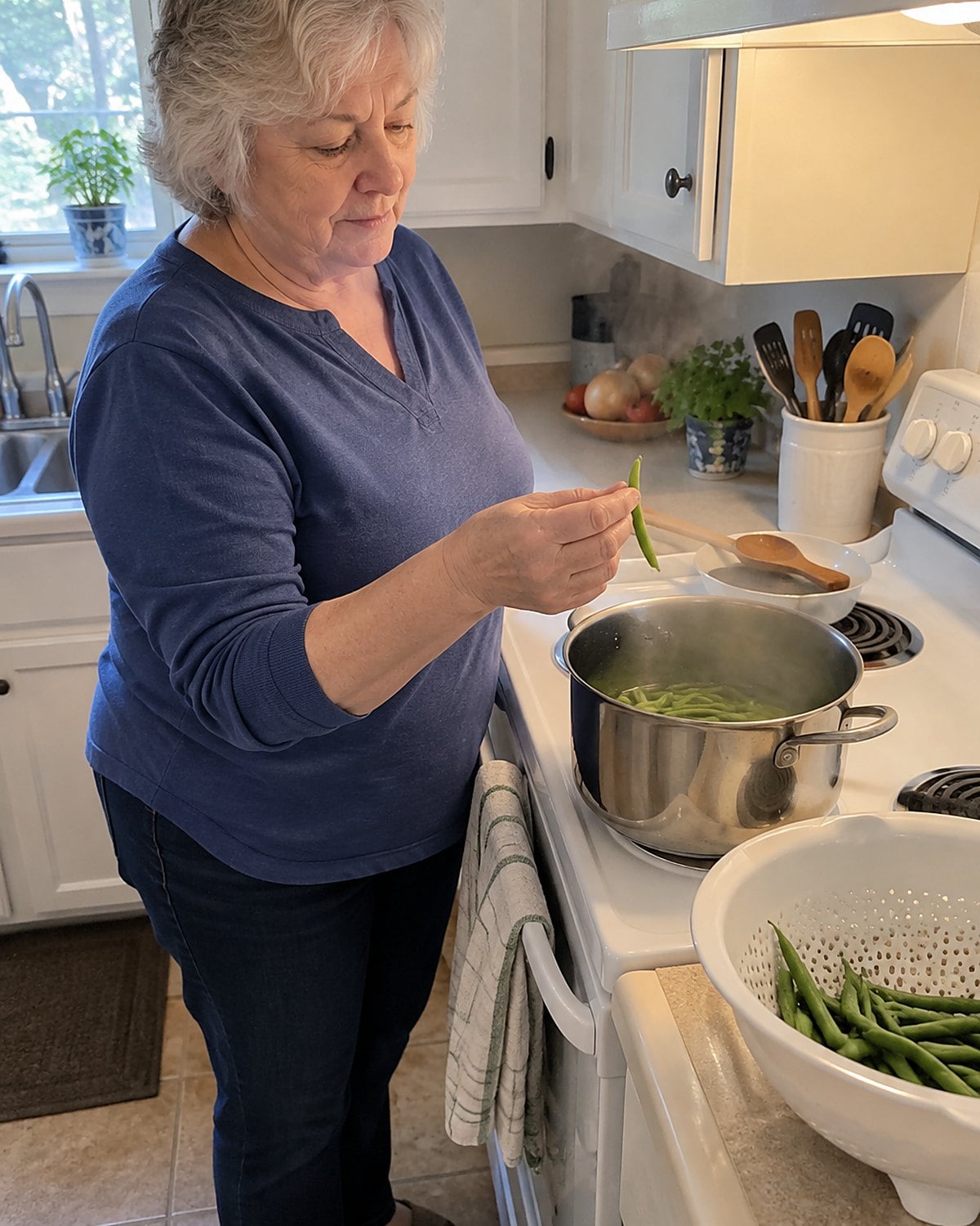 A bent green bean rests between an older woman's fingers above a steaming pot on a white stove.