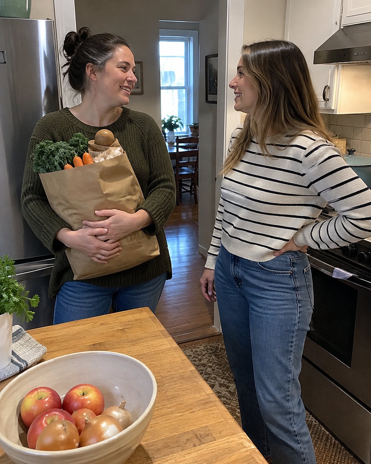 Two women speak in a kitchen doorway while one holds a grocery bag with packaged ingredients.