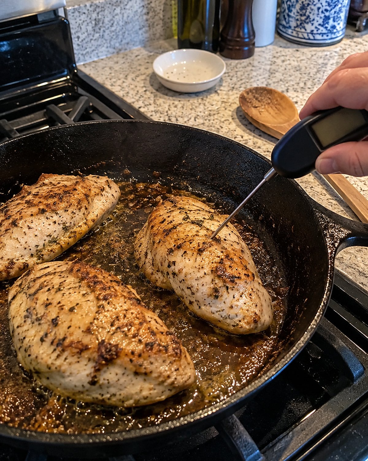 A thermometer tip enters the thick end of a chicken breast in a skillet on the stove.