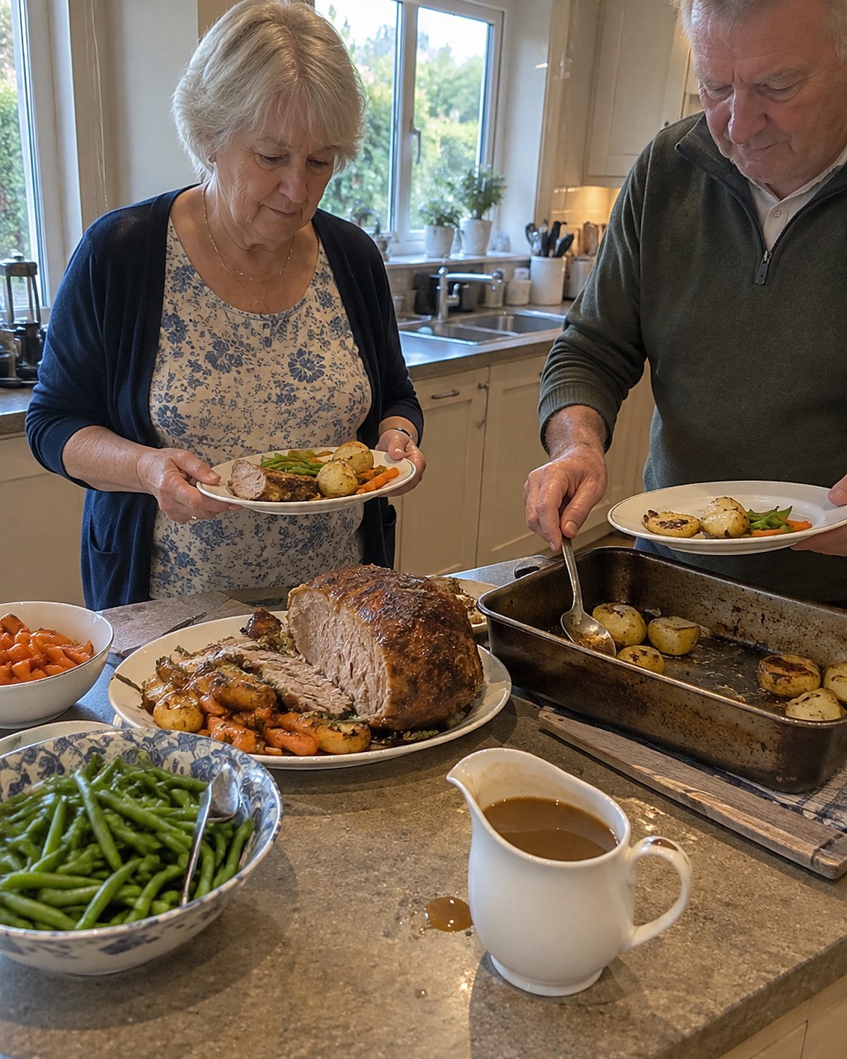 An older woman's hands hold a plate beside a roast platter on a crowded kitchen counter while another hand reaches for the serving spoon.