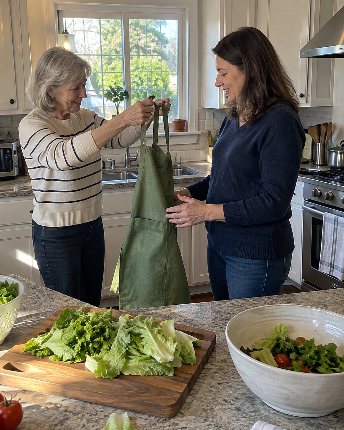 An older woman hands an apron to a guest beside a cutting board covered with lettuce leaves.