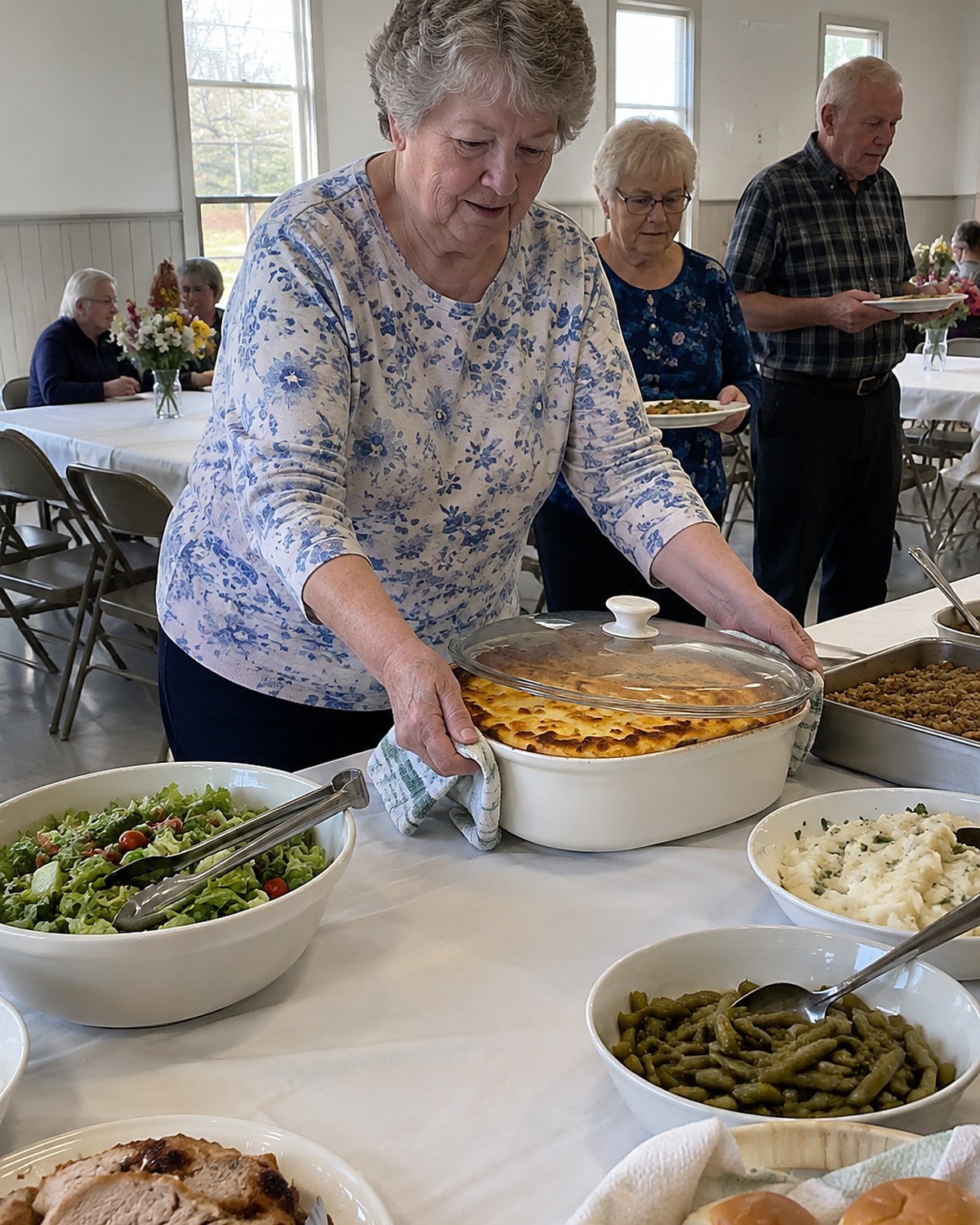 An older woman places a casserole on a church hall table beside other dishes.