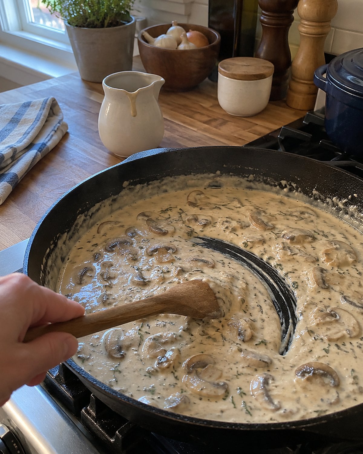A spoon leaves a trail through sauce in a skillet beside a small serving pitcher.