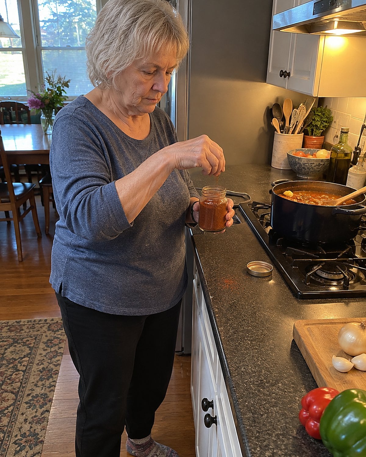 An older woman's fingers rub paprika above an open jar with a faded lid near the stove.
