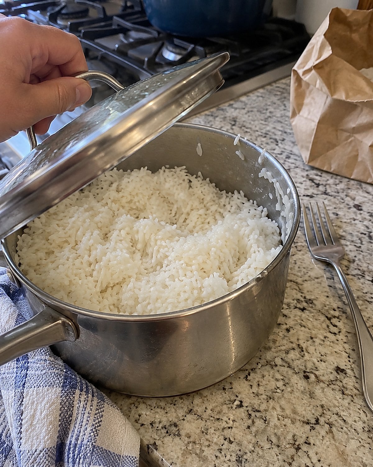 A covered pot of rice sits off the burner beside a fork and a crumpled rice bag.