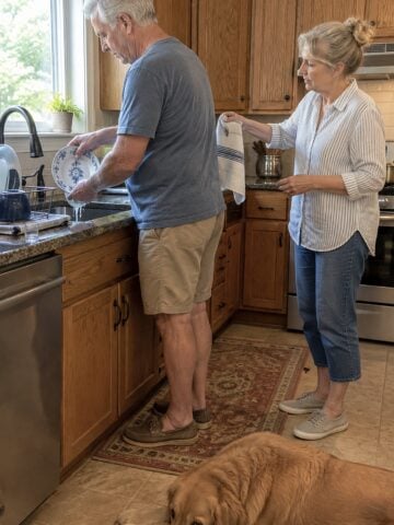 A couple in their sixties at the kitchen sink beneath a window in mid-afternoon, one rinsing a serving platter while the other hands over a dish towel.